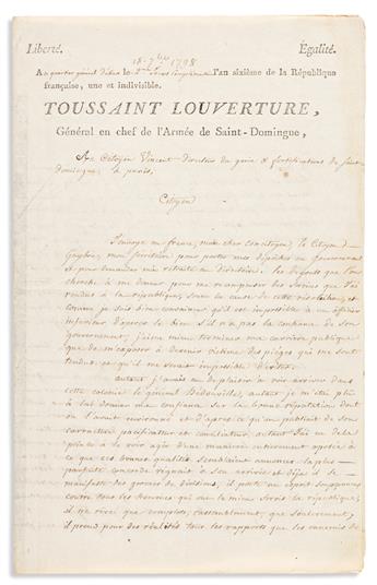 (HAITI.) Toussaint Louverture. Signed letter discussing friction with the remaining French officials in Haiti.